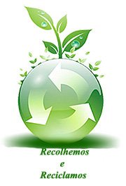 Símbolo de reciclagem com folhas, com a mensagem recolhemos e reciclamos